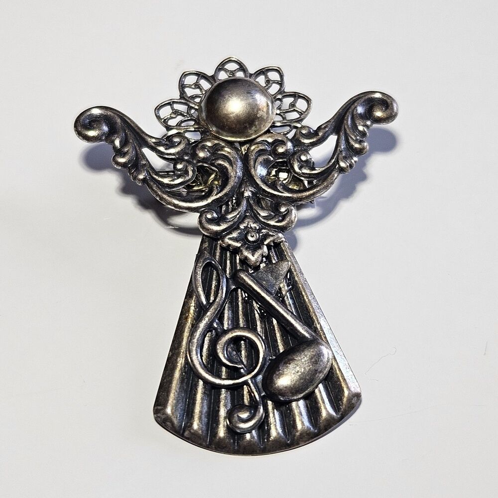 Vintage Silver Tone Musical Notes Guardian Angel Pendant Brooch